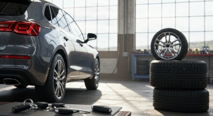 Modern SUV in a bright auto repair shop with new tires.