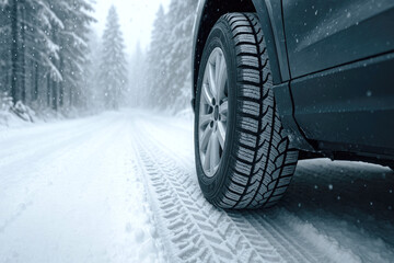 Snow-covered road with a vehicle equipped for winter driving in a serene forest setting during a snowfall
