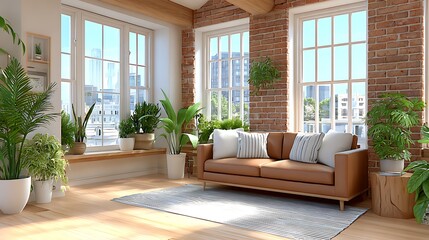 Fototapeta premium Bright and Airy Interior with Brick Walls and Cozy Sofa in a Modern Loft