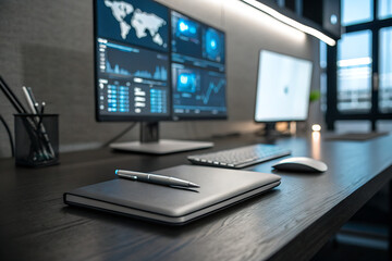 Modern office desk with multiple monitors displaying financial data and world map, perfect for finance professionals