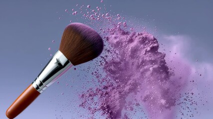 Makeup brush with purple powder bursting from bristles, showcasing vibrant color explosion against a soft gradient background, ideal for beauty and cosmetics product promotion and visual storytelling - Powered by Adobe