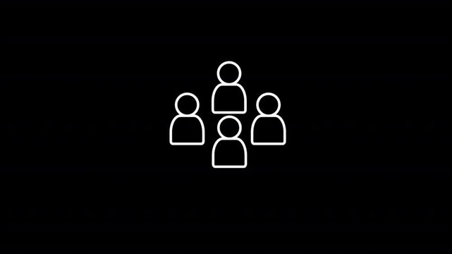 Line animation of evacuation point and assembly route icon. Arrows move, heads shake. Symbol of safety, guidance, and emergency. White on black. HD loop with alpha channel. Motion graphic.