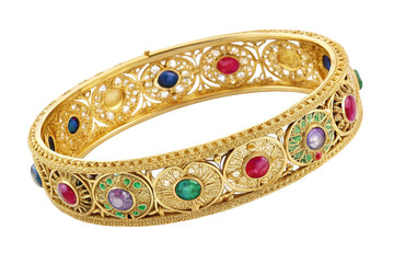 Ornate gold bangle bracelet with colorful gemstones isolated on transparent background