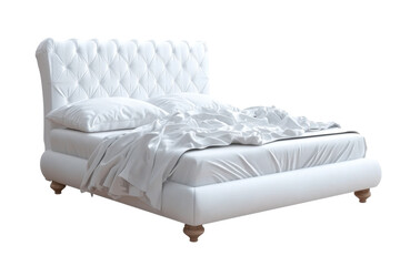 Obraz premium Luxurious white upholstered queen sized bed featuring tufted headboard and soft bedding, perfect for creating cozy and elegant bedroom atmosphere