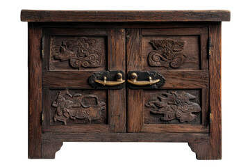 Vintage wooden cabinet featuring intricate carvings and rustic finish, showcasing craftsmanship and artistry. This piece adds character and charm to any space