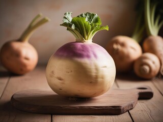 Realistic Root Vegetable Still Life – Whole Rutabaga on Rustic Board with Detailed Surface Texture, Pale Purple and Cream Tones, and Soft Warm Light for Organic Food Theme