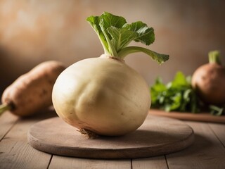 
Rutabaga with Cream and Purple Skin on Wooden Board – Rustic Root Vegetable Composition with Green Leaf Top in Warm Light and Earthy, Soft-Focus Background