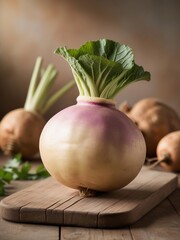 
Single Rutabaga with Pale Purple and Cream Skin – Root Vegetable on Rustic Board with Green Leaves, Warm Light, and Blurred Natural Background in Professional Food Composition