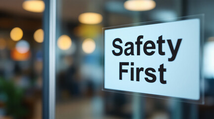 Safety First Notice on Glass Door with Blurred Background in Office Environment