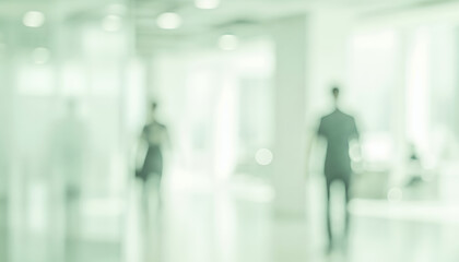 Fototapeta premium Blurred figures in a bright hallway with light green tint, softened by a hazy glow and architectural lines that stretch into the distance, evoking a sense of motion and depth.