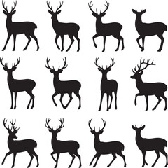 Naklejka premium Graphic black silhouettes of wild deers – male, female and roe deer