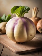 Whole Rutabaga with Leafy Top on Rustic Wooden Board – Ultra-Detailed Root Vegetable with Pale Purple and Cream Skin in Warm Natural Light and Earthy Background
