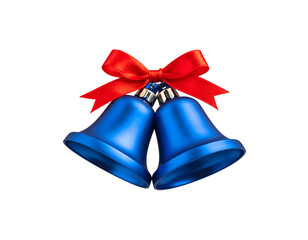 Golden Christmas bells with a red ribbon and bow, a festive holiday decoration, are isolated on a white background