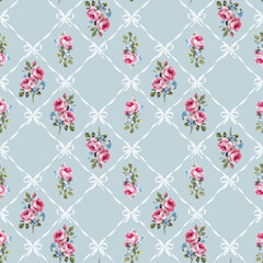 Shabby chic rose pattern with ribbons and gingham seamless vintage floral design with pink roses, blue bows, and pastel diamonds. Ideal for textiles, wrapping, and romantic interiors.