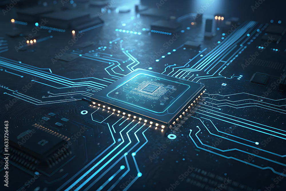 Poster dynamic glowing circuit board with central cpu, showcasing advanced technology and digital innovatio