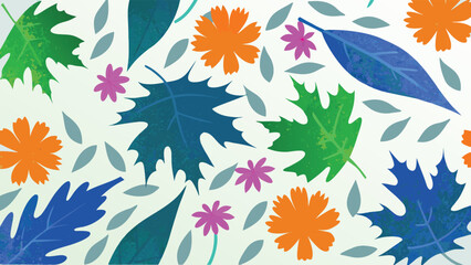 Colorful botanical pattern with leaves and flowers in shades of green blue orange and pink on white background
