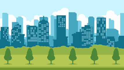 Cityscape illustration with skyline buildings and city park