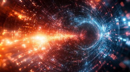 Futuristic Digital Data Tunnel with Bright Blue and Orange Lights in Abstract Technology Style