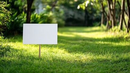 White empty yard sign placed on lush green grass under bright sunlight. Perfect mockup for showcasing marketing messages or advertisements.