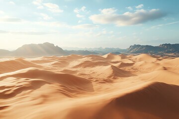 Naklejka premium Desert Landscape with Sand Dunes Under Blue Sky and Mountain Range