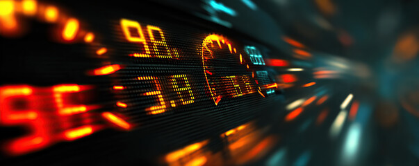 Speedometer display shows high speed and acceleration in a futuristic vehicle dashboard at night