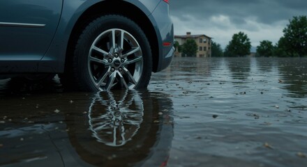 Close Car Tire Submerged Floodwater
