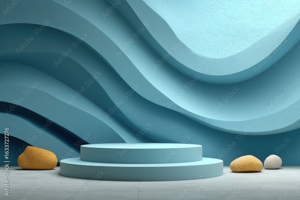 Aufkleber modern abstract interior with wave patterns and minimalist rounded platform