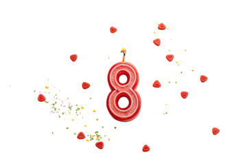 Red number eight birthday candle with sparkles and confetti isolated on transparent background