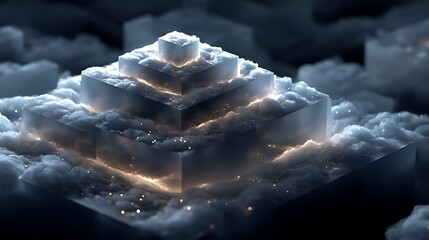 of a high-tech cloud infrastructure with layered geometric shapes and luminous data streams, representing secure and scalable digital storage solutions in a clean vector art style. 