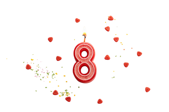 Red number eight birthday candle with sparkles and confetti isolated on transparent background