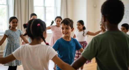 Happy children dancing and holding hands in indoor classroom during group activity, smiling kids wearing casual clothes, joyful learning atmosphere, diverse group celebrating together