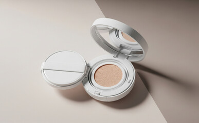 Mockup Of Blank Cushion Foundation With Open Lid And Neutral Tone Background