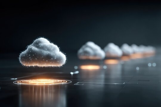 Abstract cloud computing concept.  Multiple fluffy white clouds hover over a dark surface with glowing circles