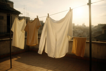 Clothes drying on a clothesline in the warm evening sunlight over a city rooftop