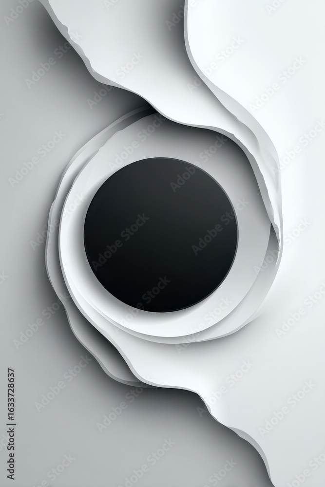 Poster abstract design with layered white forms and a central black circle