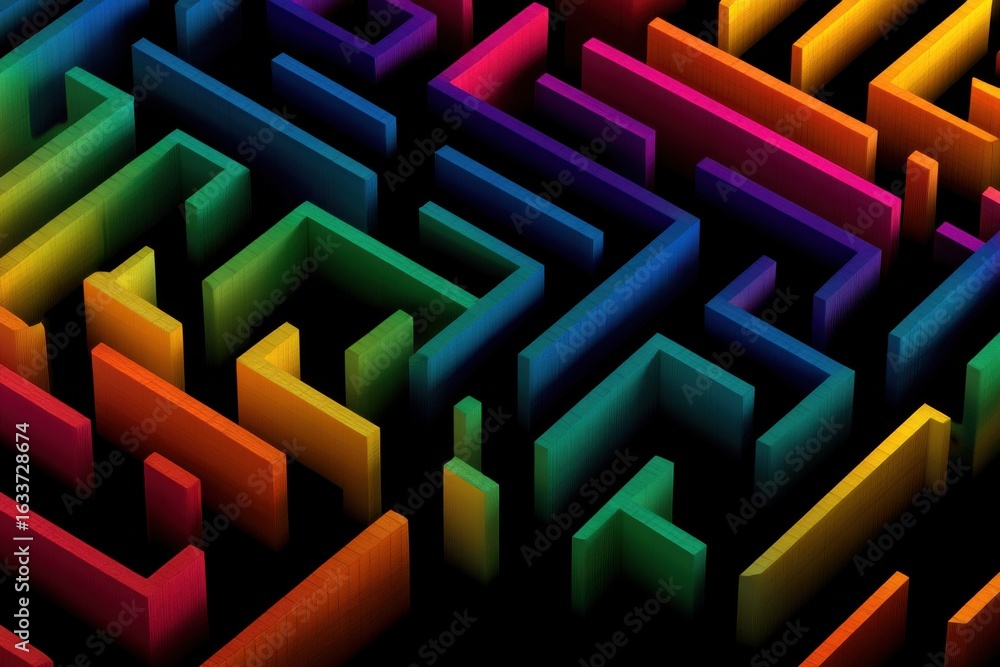 Poster abstract maze with vibrant multicolored neon lines on a dark background