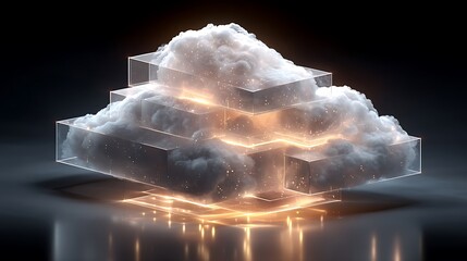 of a high-tech cloud infrastructure with layered geometric shapes and luminous data streams, representing secure and scalable digital storage solutions in a clean vector art style. 