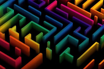 Abstract maze with vibrant multicolored neon lines on a dark background