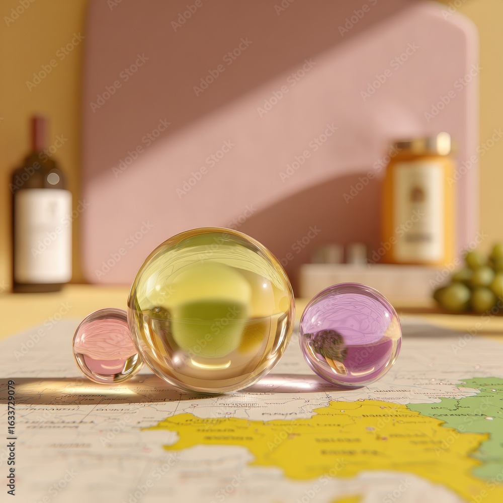 Poster three translucent spheres on a map