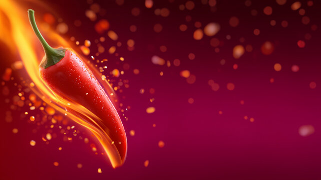 Brennende rote Chilischote mit Feuereffekt und funkelnden Partikeln vor dunklem Hintergrund
