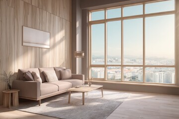 Fototapeta premium Light-filled modern living room with wooden accents