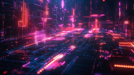 Fototapeta premium Futuristic Digital Data Network with Neon Pink and Blue Circuitry in High Tech Virtual Environment