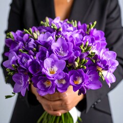 Purple freesia bouquet held (1)