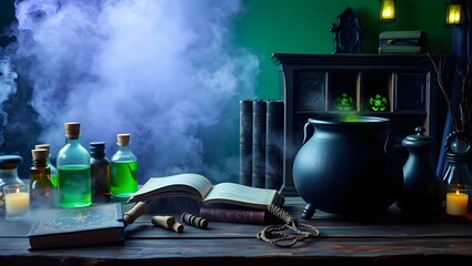 Halloween Witch Table Background with Cauldron Potion Bottles Spell Books Foggy Runes Green Purple Light