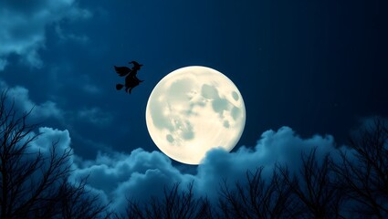 Halloween night scene with flying witch silhouette across full moon, cloudy sky, barren trees, copy space