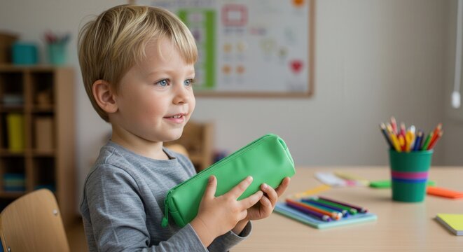 Cheerful young boy with blonde hair holding green pencil case in classroom, smiling as he prepares for school, with colorful stationery and classroom decor in background