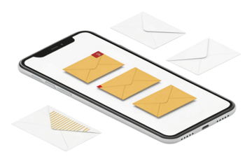 Smartphone displaying emails with envelopes around it isolated on transparent background