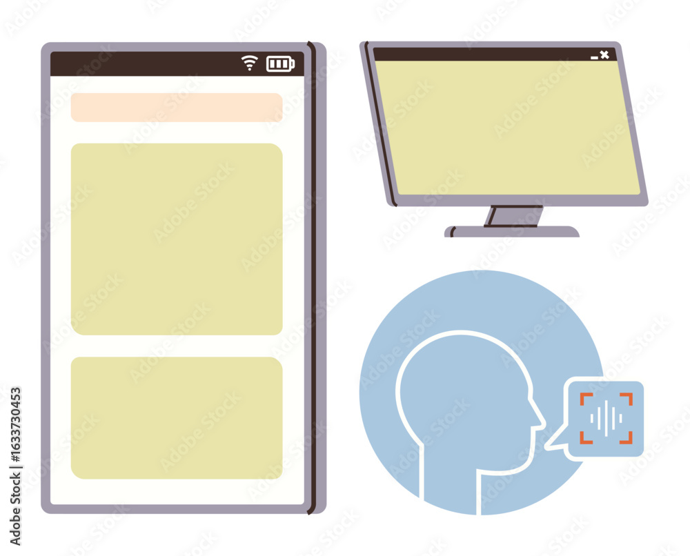 Poster mobile interface, desktop screen, voice recognition icon with facial identification grid. ideal for 