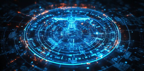 Futuristic Digital Interface with Circular Data Visualization and Glowing Blue Elements for Technology and Innovation Concepts