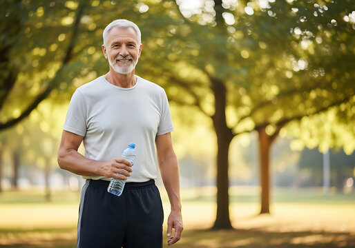 young man jogging in park hold a water botol.